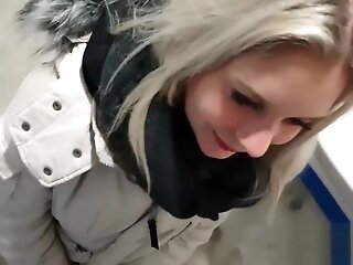 Blonde German teen 18+ in White Puffy Jacket and Fur Hood Blowjob