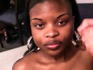 African skank gets jizzed on her face after riding euro cock POV